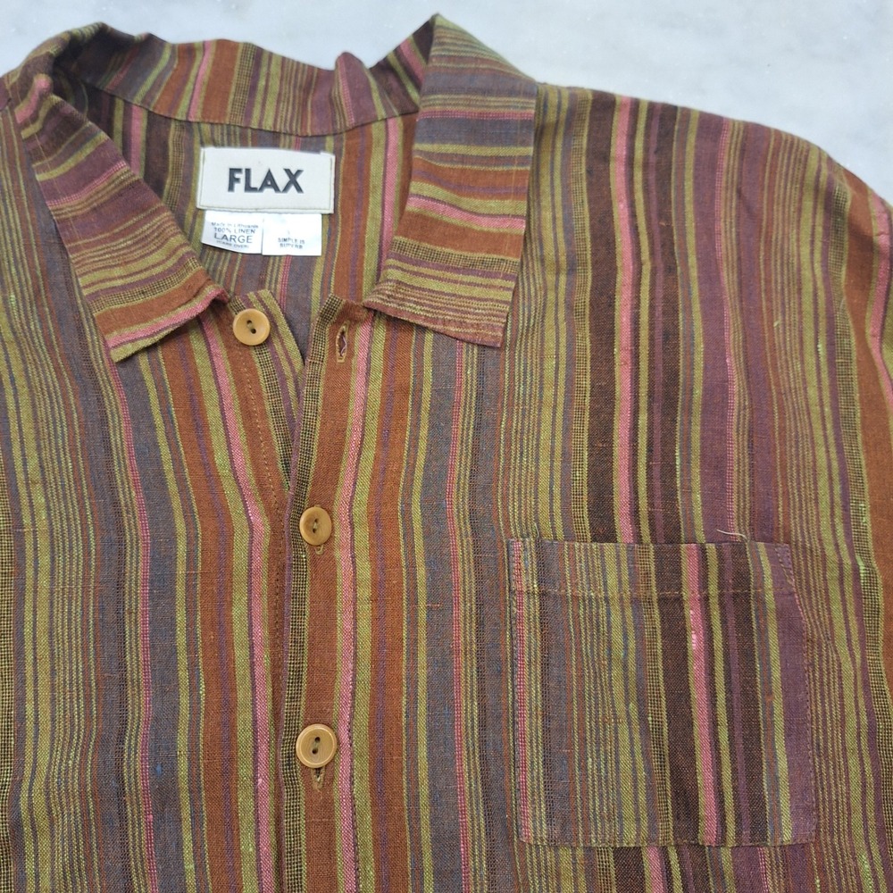 Flax 100% Linen Button Down Shirt Mens Large Brown Striped Long Sleeve 70s Vibe